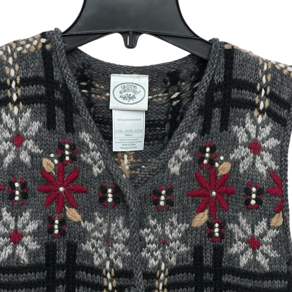 VTG Laura Ashley Sweater Vest S Wool Button Up Floral Plaid Fair Isle Grannycore - Picture 3 of 6